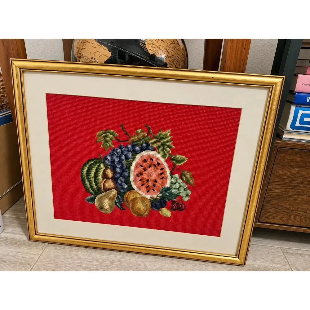 Vintage 1970s Framed Needlepoint Fruit Still Life Red Gold Frame Wall Art 21x18